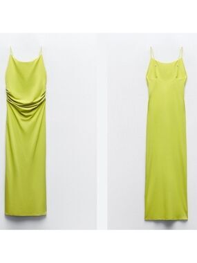 Zara lime green yellow ruched bodycon spaghetti strap maxi dress Sz L NWOT